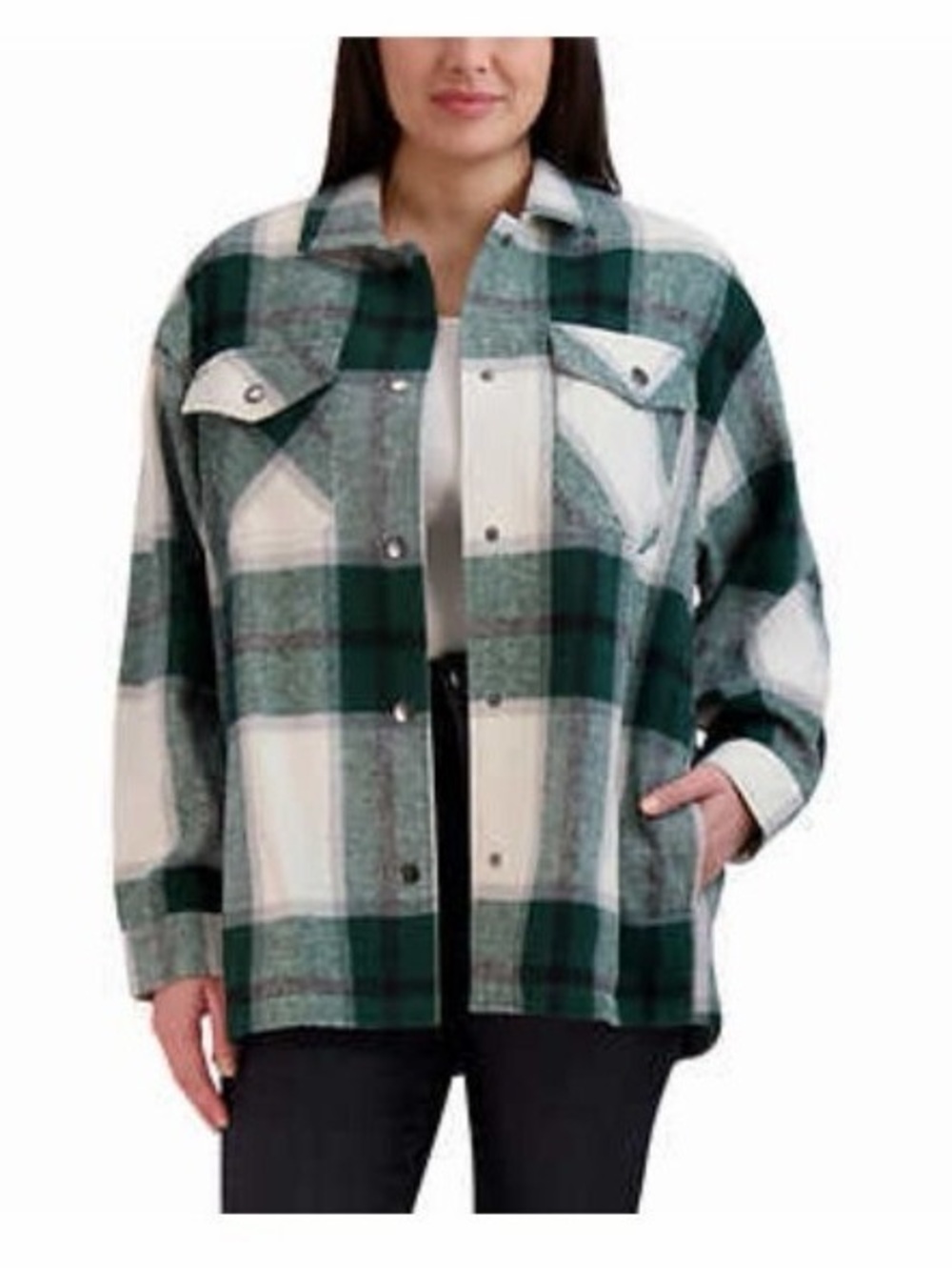 HFX Women’s M Green Ivory Plaid Oversized Shacket Shirt Jacket Wool Blend